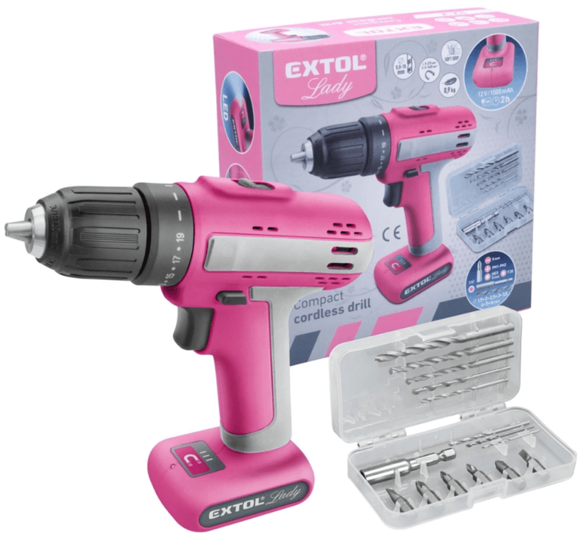 AKU šroubovák/vrtačka Extol Lady, nabíječka, bity